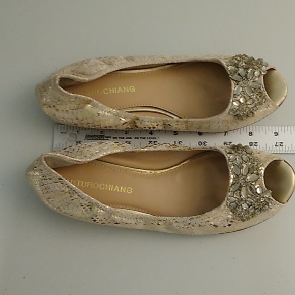 ARTURO CHANG GOLD & CREAM LEATHER SNAKE BALLET FLATS WITH RHINSTONES - Picture 7 of 14